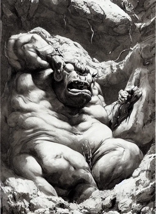 Prompt: full body portrait of a huge, miserable minotaur sitting in a cave, by boris vallejo and jesper ejsing and simon bisley and greg manchess and zdzislaw beksinski and norman rockwell