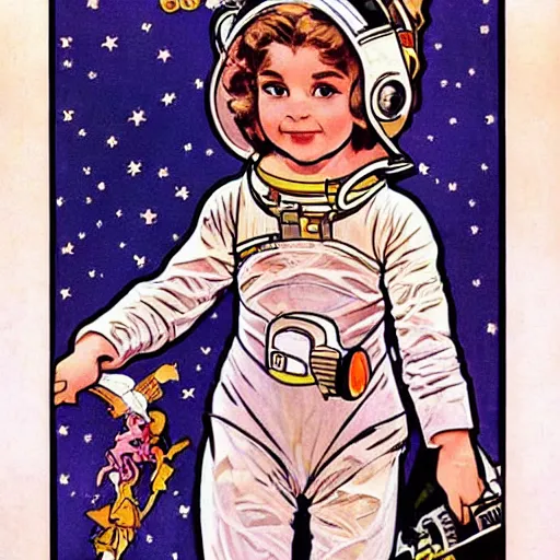 Image similar to a cute little girl with a mischievous face and short brown wavy curly hair. she is dressed as an astronaut. well composed, clean elegant painting, beautiful detailed face. comic book art by steve ditko and jack kirby and ( alphonse mucha )