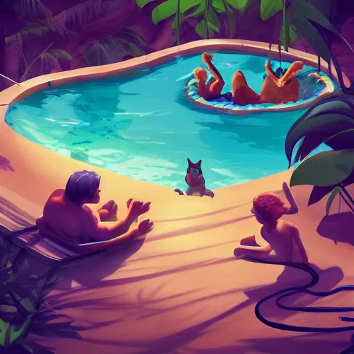 Prompt: swimming pool in the middle of the jungle a cat and a dog playing around , empty beach chair , highly detailed, digital painting, artstation, concept art