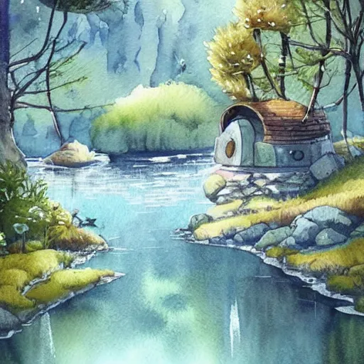 Prompt: beautiful happy picturesque charming organic sci - fi pod homes in a beautiful natural scene. water, trees and rocks. beautiful light. grainy and rough. soft colour scheme. beautiful artistic detailed watercolor by lurid. ( 2 0 2 2 )