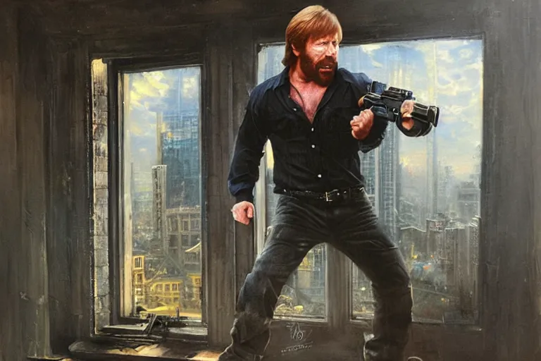 Image similar to chuck norris kicking out a window, an oil painting by ross tran and thomas kincade