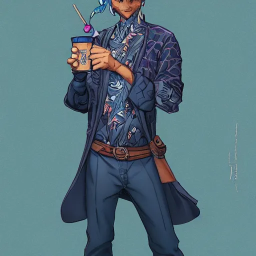 Prompt: dungeons & dragons character render, blue gray gatorfolk holding a tikka drink, wearing hawaiian shirt, artwork by ross tran and ilya kuvshinov