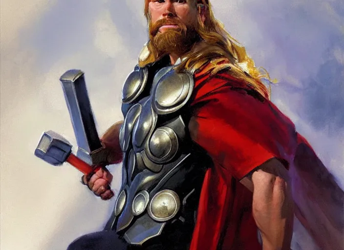 Prompt: a highly detailed beautiful portrait of thor, by gregory manchess, james gurney, james jean