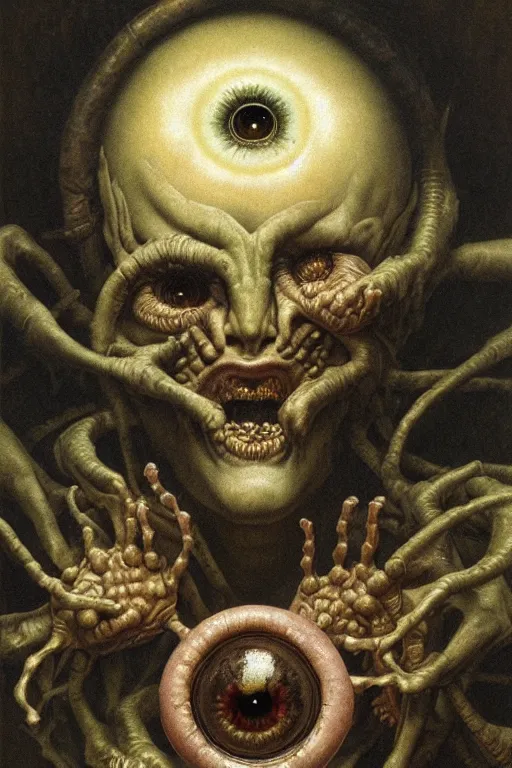 Image similar to portrait of a jar of eyeballs in the style of wayne barlowe, gustav moreau, goward, bussiere, roberto ferri, santiago caruso, luis ricardo falero, austin osman spare