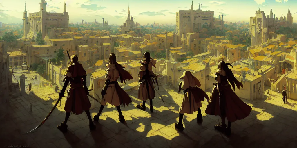 Image similar to baroque oil painting of anime key visual environment concept art of anime maids crusading in jerusalem, brutalist, dark fantasy, rule of thirds golden ratio, fake detail, trending pixiv fanbox, acrylic palette knife, style of makoto shinkai studio ghibli genshin impact jamie wyeth james gilleard greg rutkowski chiho aoshima