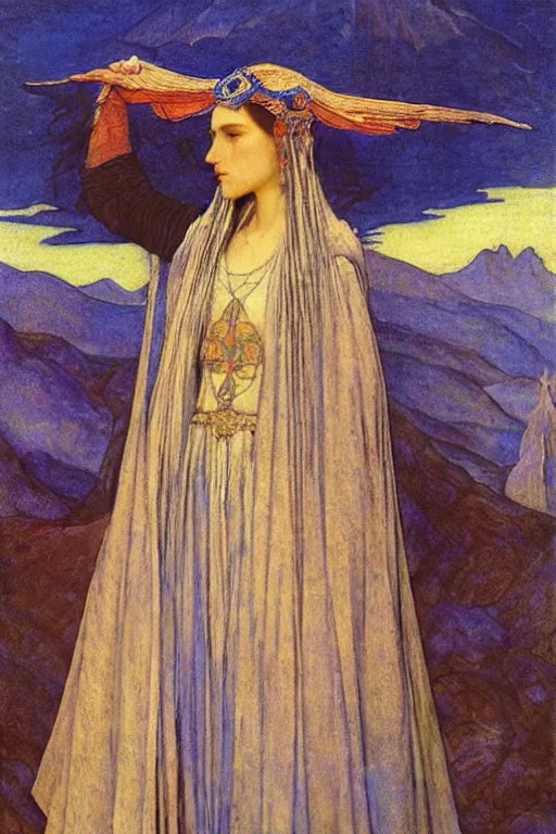 Prompt: queen of the dawn mountains with her regalia, by Annie Swynnerton and Nicholas Roerich and jean delville, dramatic cinematic lighting , ornate headdress , flowing robes, lost civilizations, extremely detailed