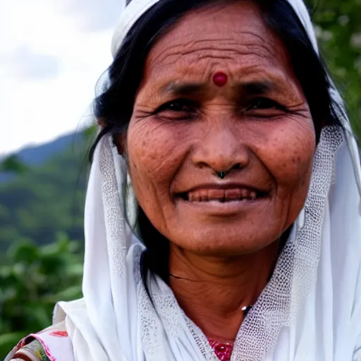 Prompt: a nepali woman wearing a white shawl, realistic