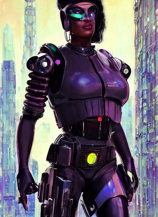 Image similar to Ariana Igwe. Buff Cyberpunk policewoman with robotic legs. Patrolling rainy streets. (Cyberpunk 2077, bladerunner 2049). Gorgeous face. Iranian orientalist portrait by john william waterhouse and Edwin Longsden Long and Theodore Ralli and Nasreddine Dinet, oil on canvas. Cinematic, vivid colors, hyper realism, realistic proportions, dramatic lighting, high detail 4k