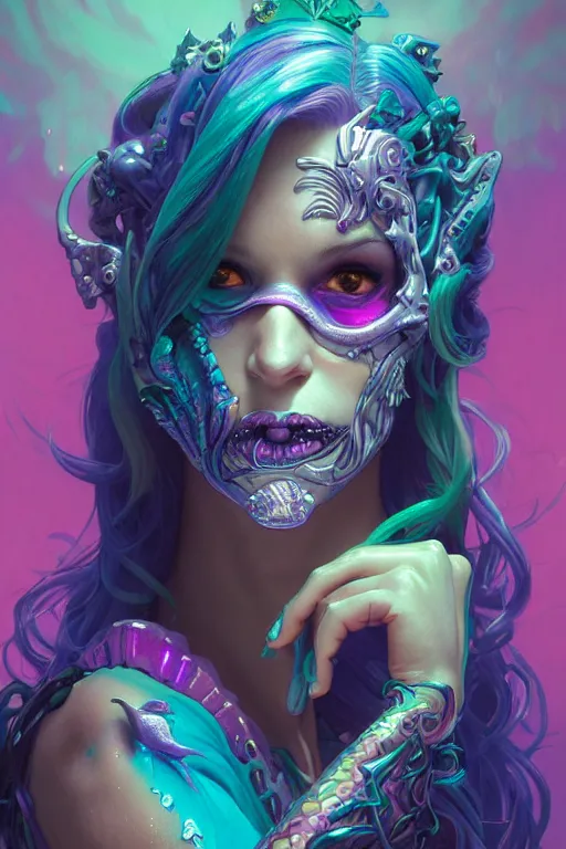 Image similar to a portrait of the lisa frank cyberpunk tank driving mermaid with rhinoplasty, gothic, highly detailed, digital painting, crown of skulls, artstation, smooth, sharp focus, illustration, art by artgerm and greg rutkowski and alphonse mucha and william - adolphe bouguereau