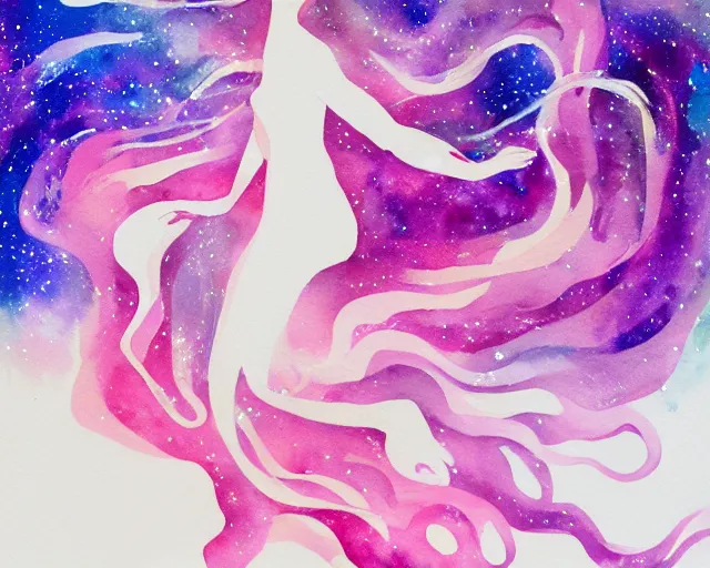 Image similar to an outline of a woman with long hair flowing behind her ; the hair is a large nebula in space with stars : watercolor painting on white paper, small detailed?, abstract art, minimalism, painterly style, 4k ultra hd, on artstation