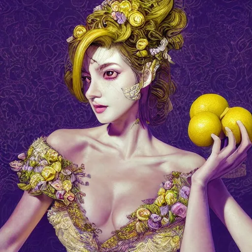 Image similar to the portrait of an absurdly beautiful, graceful, elegant, sophisticated, young idol made up of lemons, an ultrafine hyperdetailed illustration by kim jung gi, irakli nadar, intricate linework, bright colors, octopath traveler, final fantasy, unreal engine 5 highly rendered, global illumination, radiant light, detailed and intricate environment