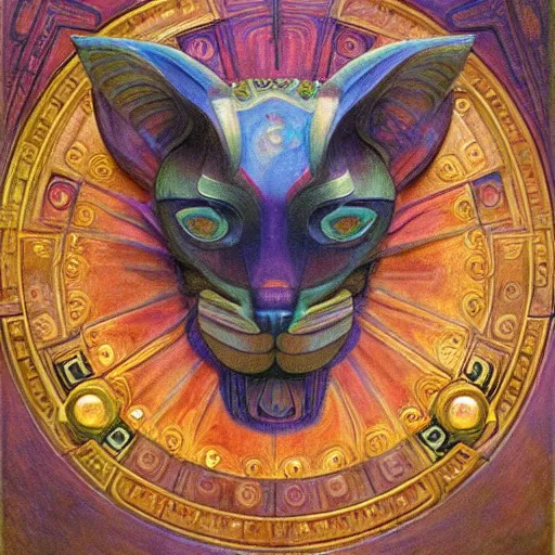 Image similar to masterpiece sculpture of an ornate bejeweled mechanical cat head, by annie swynnerton and diego rivera and nicholas roerich and jean delville, symbolist, dramatic lighting, god rays, elaborate geometric ornament, art brut, rich colors, smooth, sharp focus, extremely detailed, adolf wolfli and ( donato giancola )