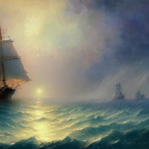 Image similar to sailing ship, cosmic nebula, artstation, by andrea rocha, by ivan aivazovsky, by john harris, impressionism, watercolor, dramatic scenery, hdr