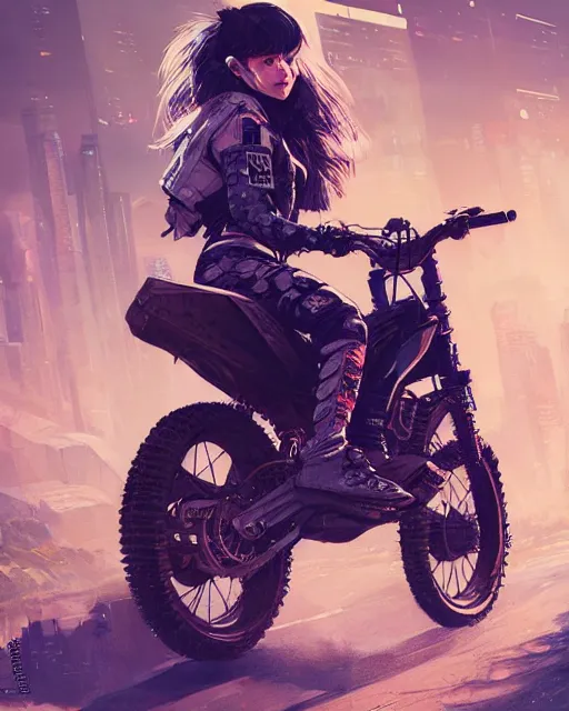 Image similar to cool girl wearing cyberpunk intricate streetwear riding dirt bike, beautiful, detailed portrait, cell shaded, 4 k, concept art, by wlop, ilya kuvshinov, artgerm, krenz cushart, greg rutkowski, pixiv. cinematic dramatic atmosphere, sharp focus, volumetric lighting, cinematic lighting, studio quality