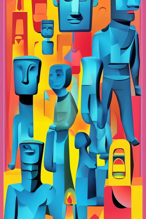 Image similar to cubist moai statue cutout digital illustration cartoon colorful beeple