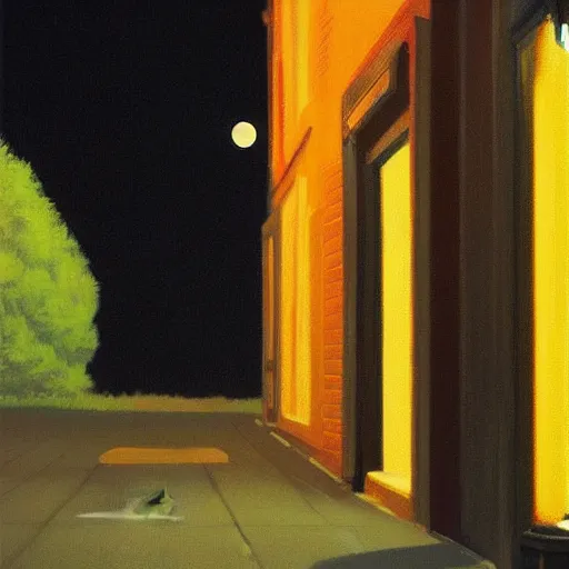 Image similar to a black cat in the middle of a road with streetlight at mid night with the moon in the back. Made by Jason Degraaf, Edward Hopper, Don Eddy. Hyper realistic, unreal 5, artstation, high detail.