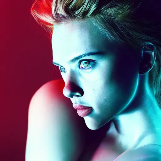 Image similar to scarlett johansson as a cyberpunk cyborg, sensual, beautiful soft light failling on her face, studio photography, nikon 3 5 mm portrait photography, ultra realistic