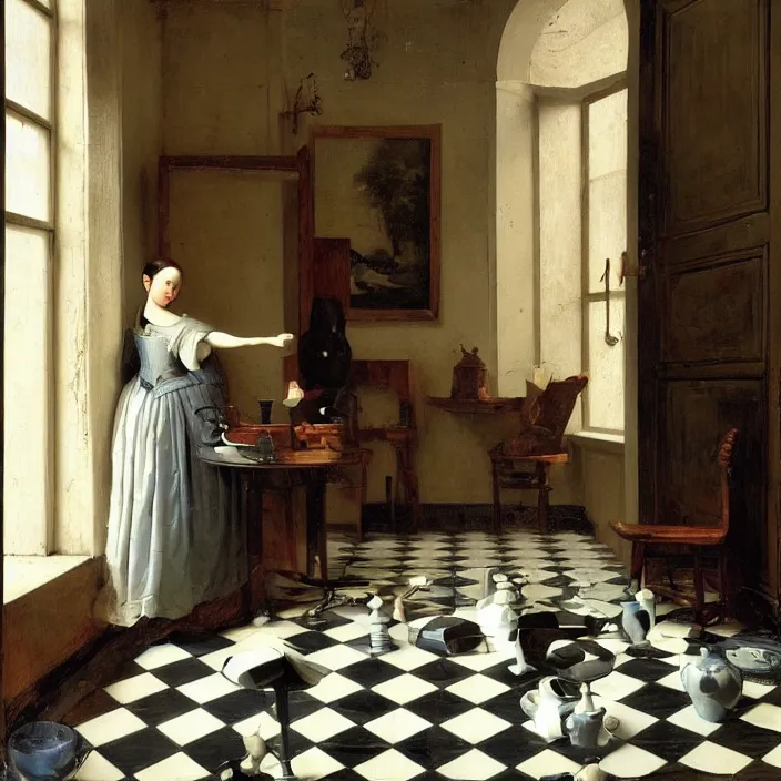 Image similar to colored painting, pieter de hooch, trending on artstation, highly detailed, black and white checkerboard floor, gigantic porcelain head statue, intricate, elegant