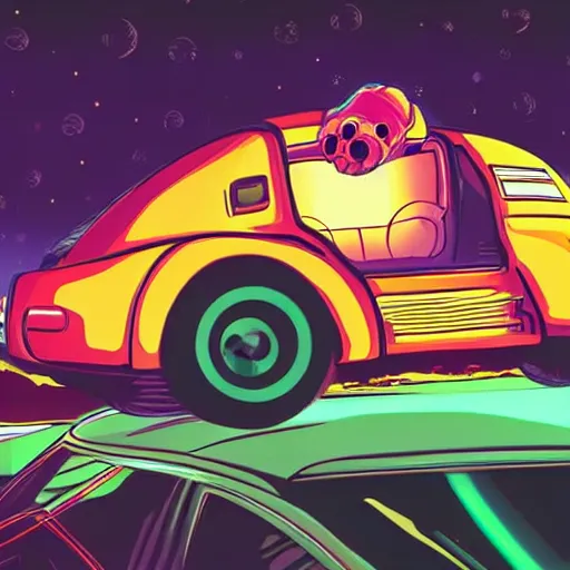 Image similar to a tardigrade driving a car, miami, nighttime, synthwave, detailed,