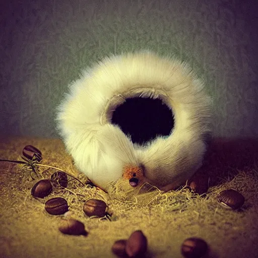 Prompt: long shot of a cute fluffy furry chick nesting in a antique coffee cup, by esao andrews, by m. w. kaluta, humorous illustration, hyperrealistic, tilt shift, warm colors, night scenery, low light, 3 d octane render, 4 k, volumetric lights, smooth, cosy atmosphere, conceptart, hyperdetailed, trending on deviantart