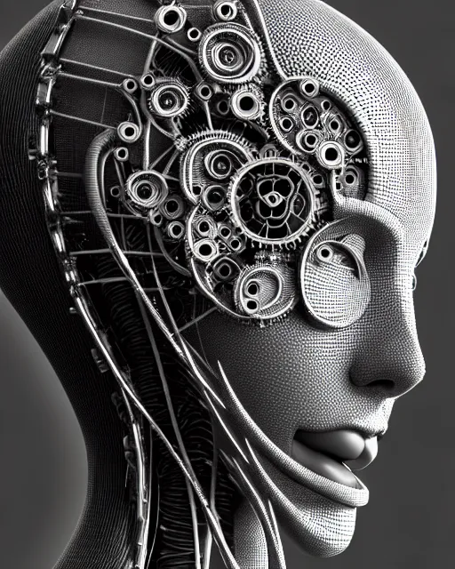 Image similar to mythical black and white organic bio-mechanical spinal ribbed profile face portrait detail of silver mechanical beautiful female angelic-vegetal-cyborg, highly detailed, intricate steampunk ornate, poetic, 3D render, digital art, octane render, 8K artistic photography, photo-realistic, by Dora Maar