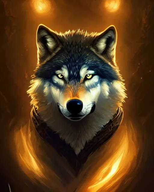 Prompt: wolf portrait, backlight, rim lighting, deep focus, d & d, fantasy, intricate, elegant, highly detailed, digital painting, artstation, concept art, matte, sharp focus, illustration, hearthstone, art by artgerm and greg rutkowski and alphonse mucha