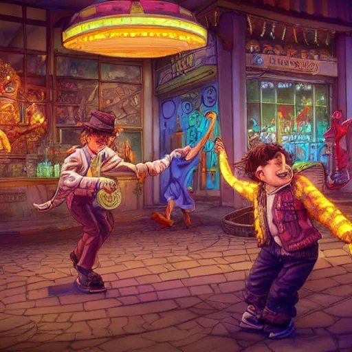 Image similar to a churro dancing away from a chubby kid that's trying to eat it at a carnival, an ultrafine hyperdetailed illustration by kim jung gi, irakli nadar, intricate linework, bright colors, octopath traveler, final fantasy, unreal engine 5 highly rendered, global illumination, radiant light, detailed and intricate environment