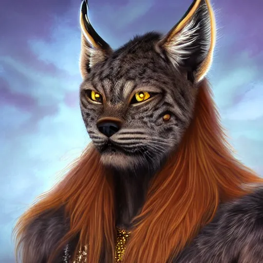 Prompt: highly detailed digital painting, black male anthro - lynx, human with head of lynx, long furred, viking hair, with long thick wavy hair like fabio, facial scar, hairy masculine gigachad, muscular, wearing kilt and gold armbands, fur texture, as space viking, classic science fiction, trending on artstation, romance novel,