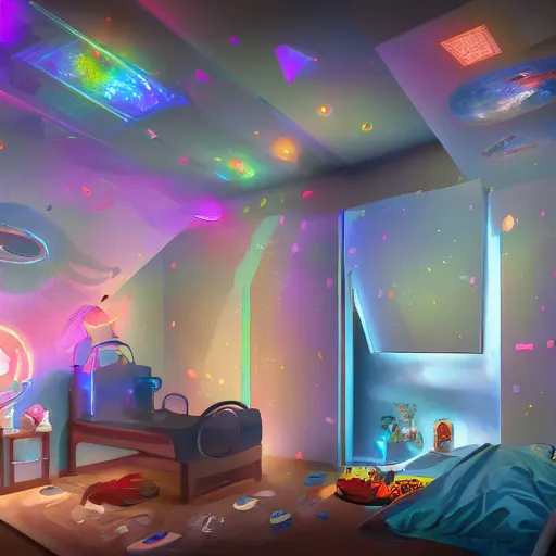 Prompt: a hologram of the universe in a small boys room, illustration, digital art, trending on artstation