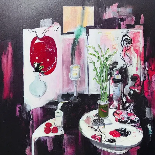 Image similar to “ a portrait in a female art student ’ s apartment, sensual, a pig theme, art supplies, paint tubes, ikebana, herbs, a candle dripping white wax, black walls, squashed berries, berry juice drips, acrylic and spray paint and oilstick on canvas, surrealism, neoexpressionism ”