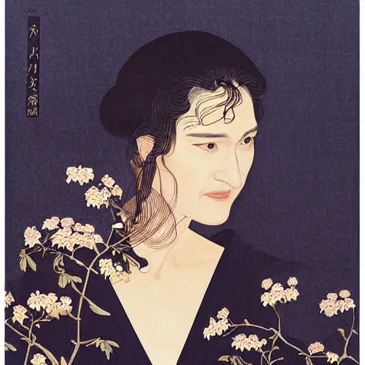 Image similar to “ rachel weisz portrait by ikenaga yasunari and ayana otake and ko rakusui, 6 0 s poster, drawing, realistic, sharp focus, japanese, dreamy, nostalgia, faded, golden hues, floral clothes ”