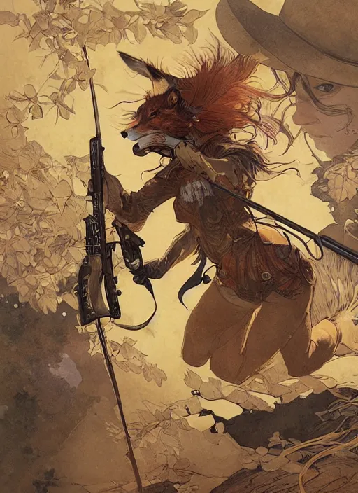 Image similar to a beautiful, dynamic illustration of an anthropomorphic fox - woman running and gunning with a winchester rifle, wild west theme, focal depth, highly detailed, art by joseph leyendecker, peter mohrbacher, ruan jia, marc simonetti, ayami kojima, cedric peyravernay, alphonse mucha, victo ngai,