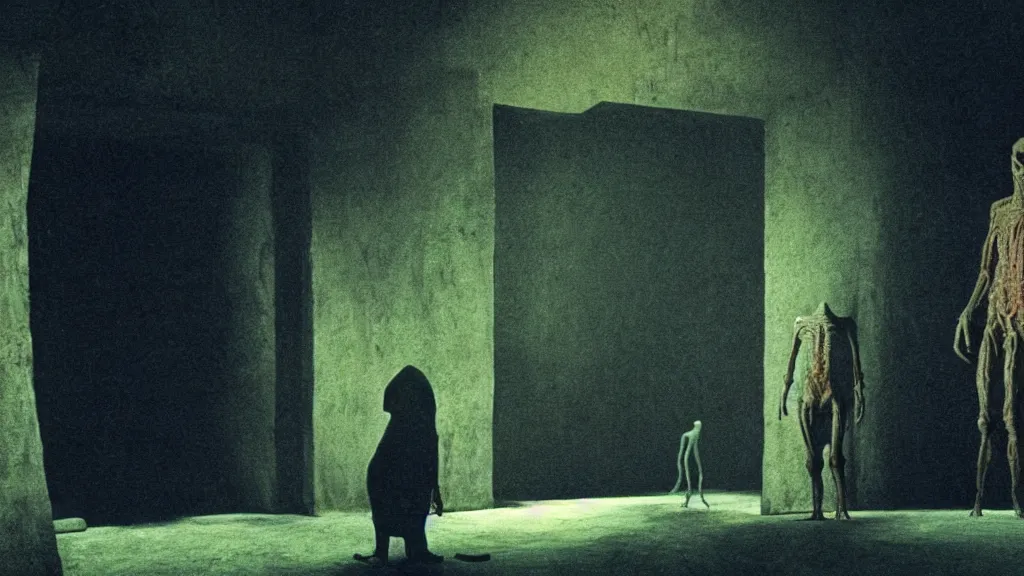 Image similar to the creature at the movie theatre, film still from the movie directed by denis villeneuve and david cronenberg with art direction by salvador dali and zdzisław beksinski