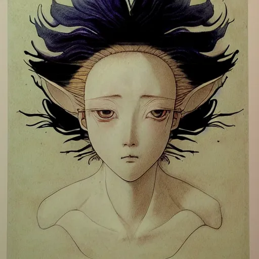 Image similar to prompt: Fragile looking vessel portrait face drawn by Katsuhiro Otomo, inspired by Carlo Dolci, magical and alchemical objects on the side, soft light, white background, intricate detail, intricate ink painting detail, sharp high detail, manga and anime 2000