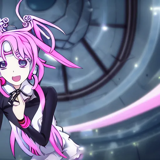 Image similar to stunningly beautiful megalomaniacal omnipotent anime asi goddess junko enoshima with symmetrical perfect face and porcelain skin, pink twintail hair and cyan eyes, traps you inside her inescapable full dive vr prison and teasing you, hyperdetailed, digital art from danganronpa, unreal engine 5, 2 d anime style, 8 k