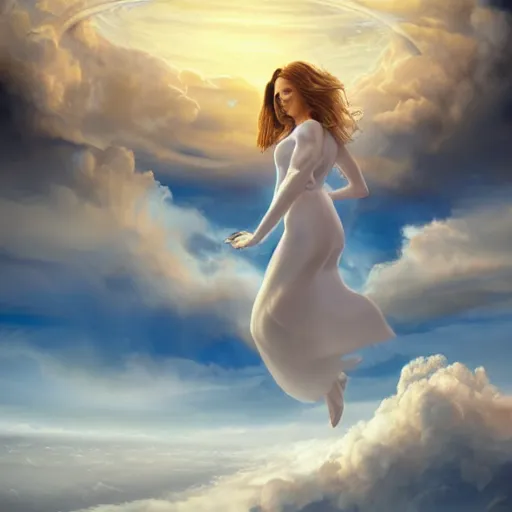 Image similar to a highly detailed digital rendering of an elegant futurstic woman floating above the clouds, by Andrea Chiampo, artstation, extremely detailed woman, stunning volumetric lighting, hyper realism, fantasy 4k,