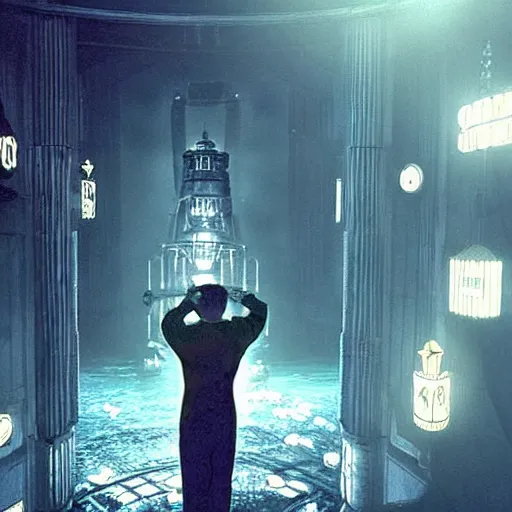 Image similar to screen capture from a live - action bioshock movie. andrew ryan, played by evan peters, is shown standing in an turn of the century style office front of an immense window looking out into the underwater city of rapture. the lights of the city are shining in the distance and an abundance of sea life is shown.