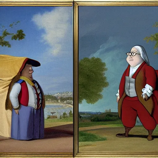 Image similar to Peter Griffin visits 1750 Paris , in the style of the Hudson River School