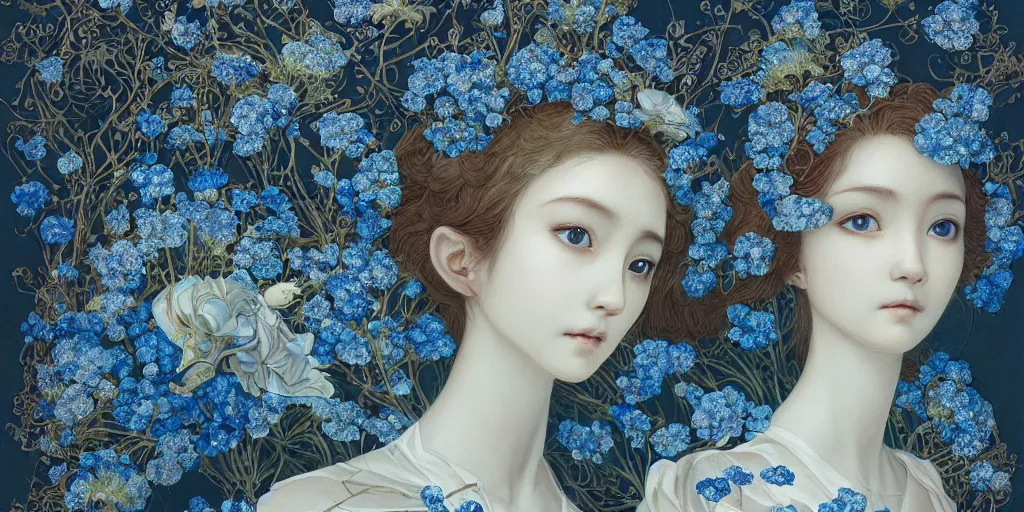 Image similar to breathtaking detailed concept art painting of the goddesses of nemophila flowers, orthodox saint, with anxious, piercing eyes, ornate background, amalgamation of leaves and flowers, by Hsiao-Ron Cheng, James jean, Miho Hirano, Hayao Miyazaki, extremely moody lighting, Black paper, cut paper texture, Full of light-blue and silver and white layers, 8K