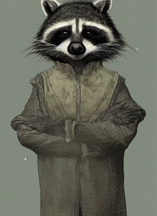 Image similar to a fantasy illustration portrait of an anthropomorphic raccoon mage, by victo ngai, by stephen gammell, by george ault, artstation