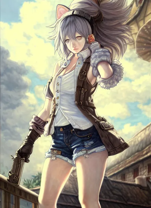 Prompt: a portrait of catgirl wearing white vest, and denim shorts an ultrafine detailed painting, detailed painting, boris valejo. octopath traveler