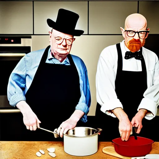 Image similar to Winston Churchill and Walter White cooking in a kitchen, high detail, colors,85mm Sigma Art Lens, in the style of Martin Schoeller