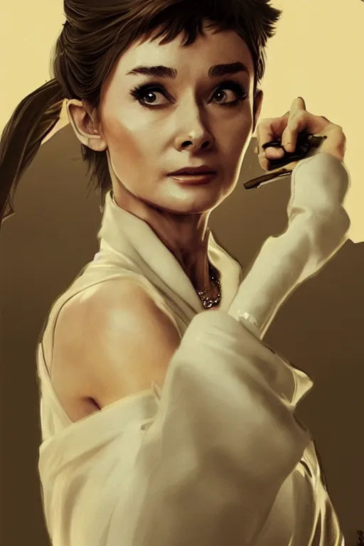 Prompt: audrey hepburn in a scene from yakuza, artstation, concept art, smooth, sharp focus, illustration, art by and greg rutkowski and alphonse mucha