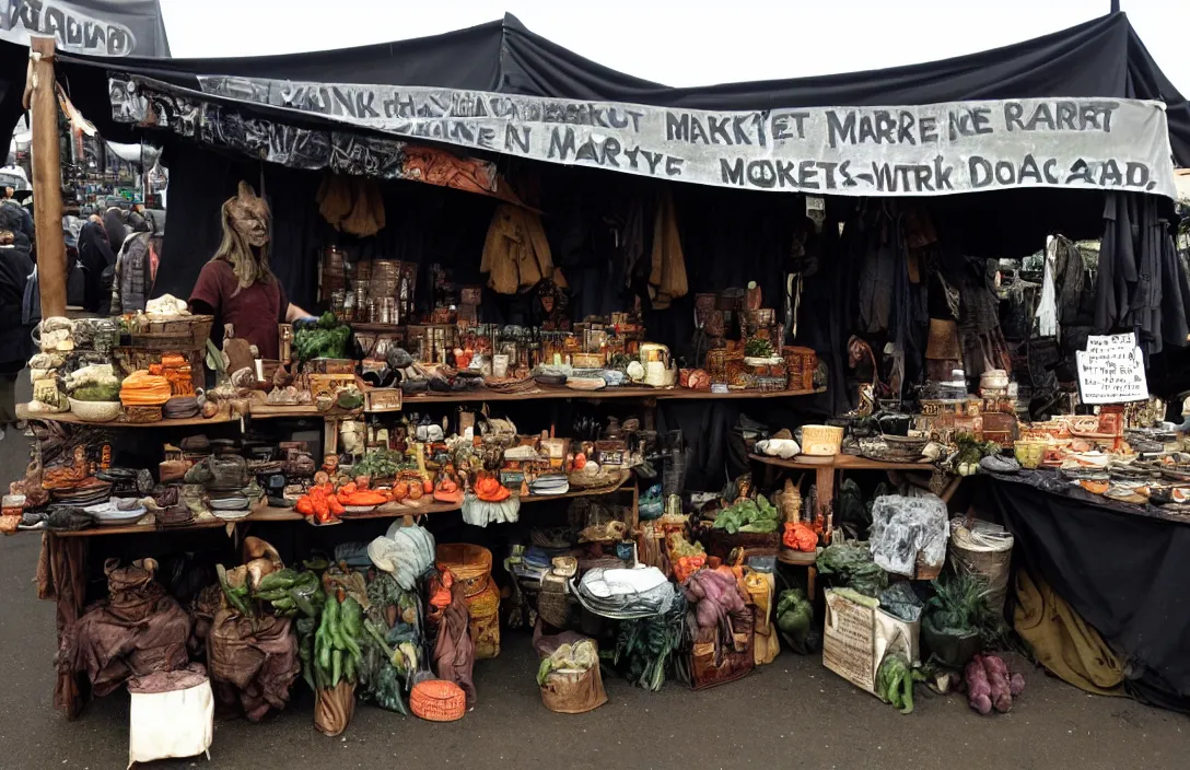 Image similar to market stall in Mordor with a very dark atmospheric sky. A hideous faced orc is selling arcane wares and animal body parts