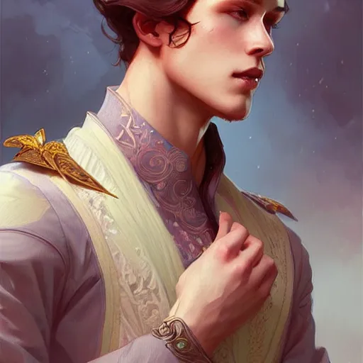 Prompt: beautiful natural Prince Patrick Gibson, intricate, elegant, highly detailed, digital painting, artstation, concept art, smooth, sharp focus, illustration, art by artgerm and greg rutkowski and alphonse mucha and loish and WLOP