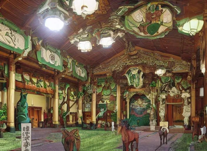 Image similar to main hall with horse statues, green and brown decorations by studio ghibli painting