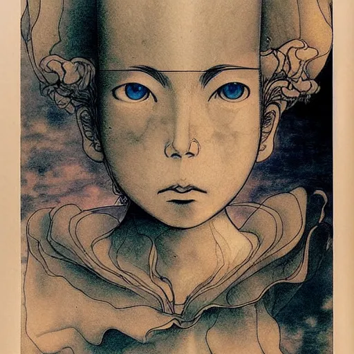 Image similar to prompt: Fragile looking vessel portrait face drawn by Katsuhiro Otomo, inspired by Carlo Dolci, magical and alchemical objects on the side, soft light, white background, intricate detail, intricate ink painting detail, sharp high detail, manga and anime 2000