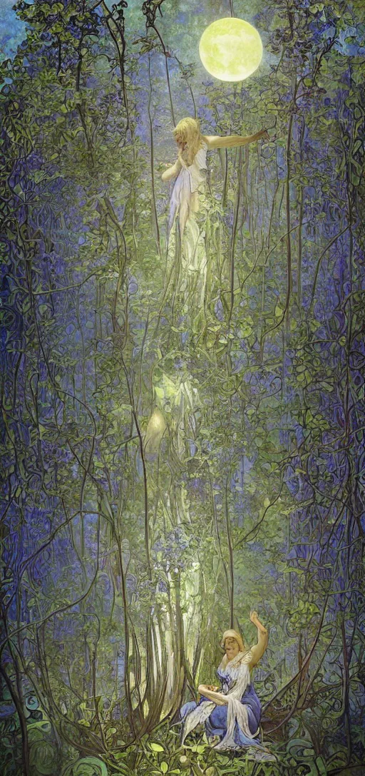 Prompt: painterly dreamy Kupala Night in the blue night forest with trees which have eyes, giant flowers, glowing owls, deers, lianas, thistles, giant fantasy creatures, a stream and sky with moon and stars by Alphonse Mucha, Alex Grey, tranding on artstation and Giger dark fantasy, witcher, very detailed oil painting in the alla prima style, volumetric lighting, masterpiece, 8k