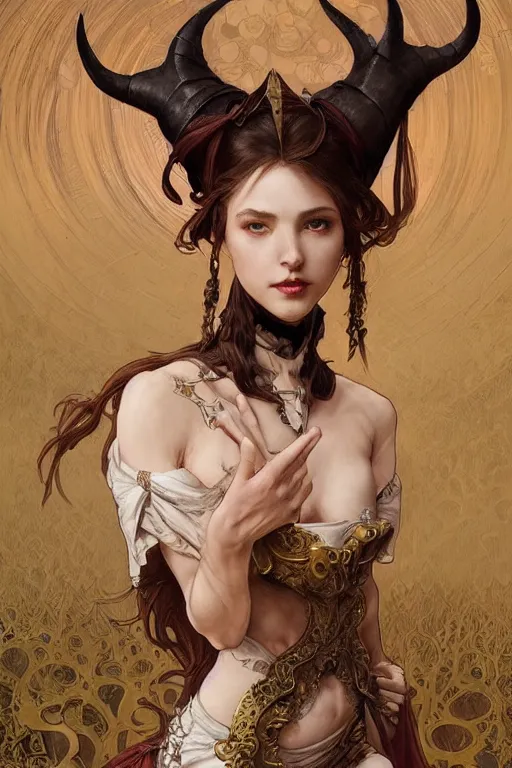 Image similar to beautiful demon peasant maiden with horns, intricate, elegant, highly detailed, digital painting, artstation, concept art, smooth, sharp focus, illustration, art by artgerm and greg rutkowski and alphonse mucha