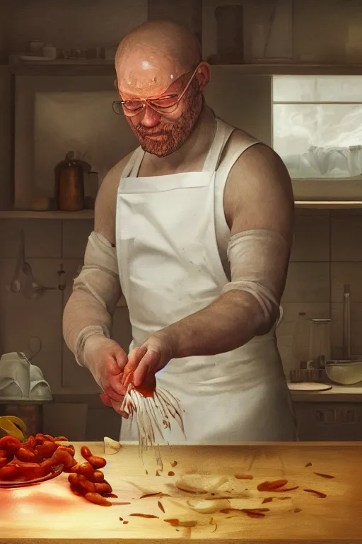 Image similar to a dynamic digital painting and illustration of a man cutting onions in the kitchen while crying, rendered in octane, cgsociety, artstation, cinematic lighting, 4K, very intricate, HDR